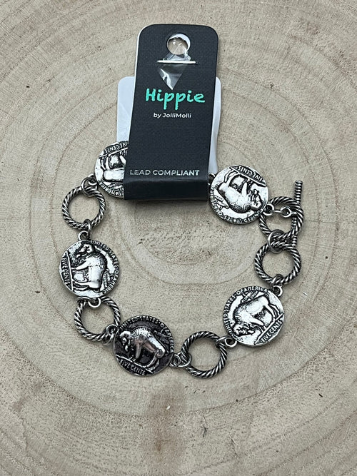Western Buffalo Coin Toggle Bracelet - Cowhide and Conchos
