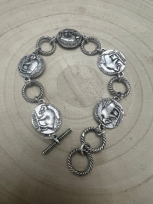 Western Buffalo Coin Toggle Bracelet - Cowhide and Conchos