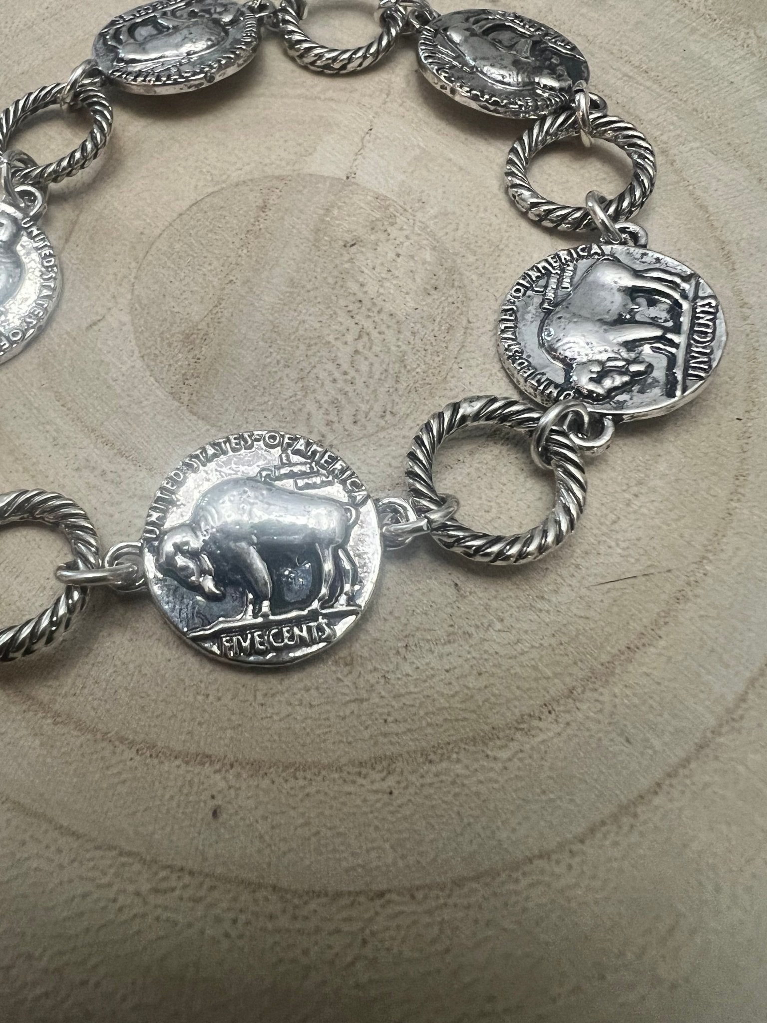 Western Buffalo Coin Toggle Bracelet - Cowhide and Conchos