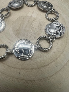 Western Buffalo Coin Toggle Bracelet - Cowhide and Conchos