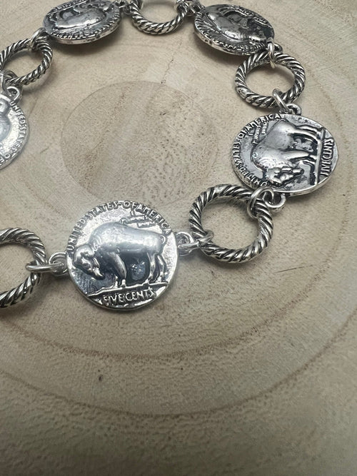 Western Buffalo Coin Toggle Bracelet - Cowhide and Conchos