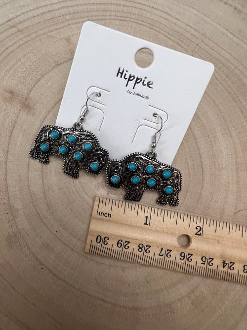 Western Buffalo Stone Dangle Earrings - Cowhide and Conchos