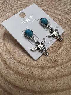 Western Bull Skull Dangle Earrings with Faux Turquoise - 1 1/2 inch drop - Cowhide and Conchos