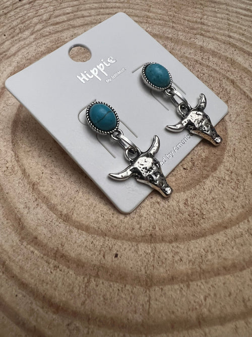 Western Bull Skull Dangle Earrings with Faux Turquoise - 1 1/2 inch drop - Cowhide and Conchos