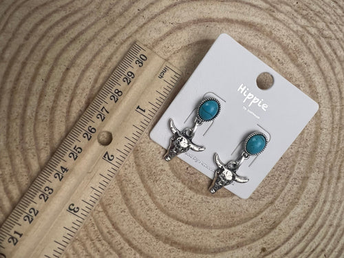 Western Bull Skull Dangle Earrings with Faux Turquoise - 1 1/2 inch drop - Cowhide and Conchos