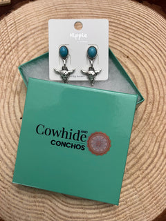 Western Bull Skull Dangle Earrings with Faux Turquoise - 1 1/2 inch drop - Cowhide and Conchos