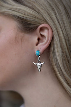 Western Bull Skull Dangle Earrings with Faux Turquoise - 1 1/2 inch drop - Cowhide and Conchos