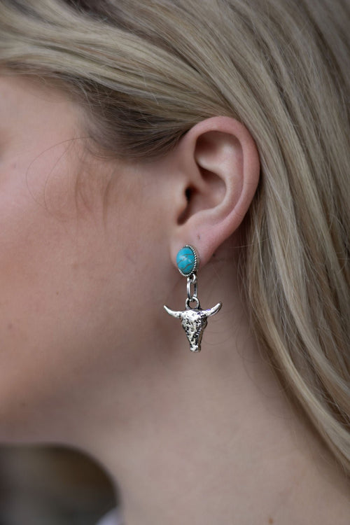 Western Bull Skull Dangle Earrings with Faux Turquoise - 1 1/2 inch drop - Cowhide and Conchos