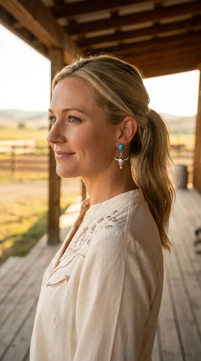 Western Bull Skull Dangle Earrings with Faux Turquoise — 1½" Drop - Cowhide and Conchos