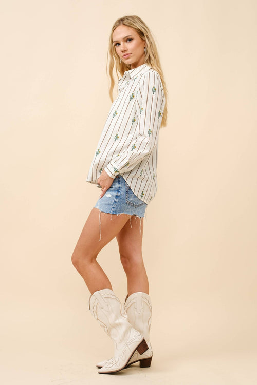 Western Cactus Stipe Print Button Up Shirt - Cowhide and Conchos