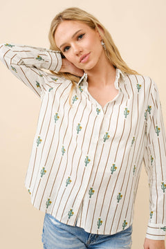 Western Cactus Stipe Print Button Up Shirt - Cowhide and Conchos