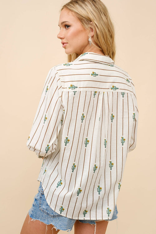 Western Cactus Stipe Print Button Up Shirt - Cowhide and Conchos