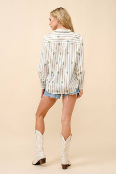 Western Cactus Stipe Print Button Up Shirt - Cowhide and Conchos