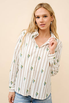 Western Cactus Stipe Print Button Up Shirt - Cowhide and Conchos