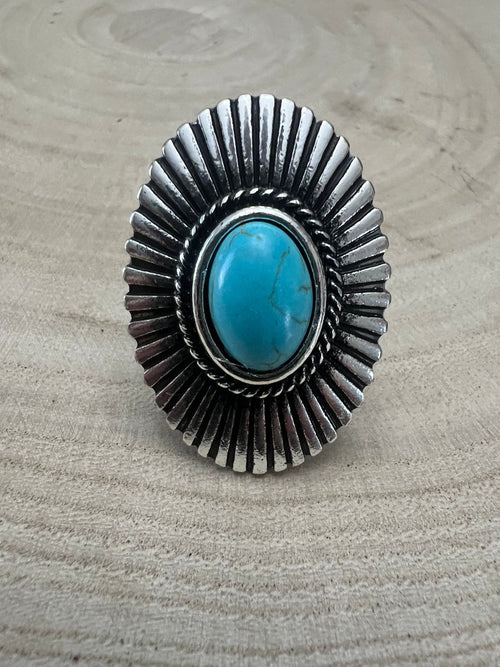 Western Concho and Faux Turquoise Adjustable Ring - Statement Size - Cowhide and Conchos