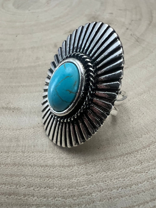 Western Concho and Faux Turquoise Adjustable Ring - Statement Size - Cowhide and Conchos