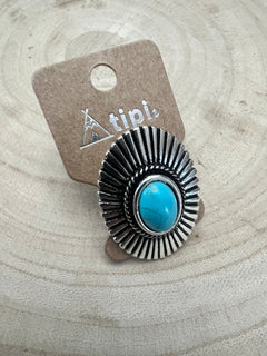 Western Concho and Faux Turquoise Adjustable Ring - Statement Size - Cowhide and Conchos