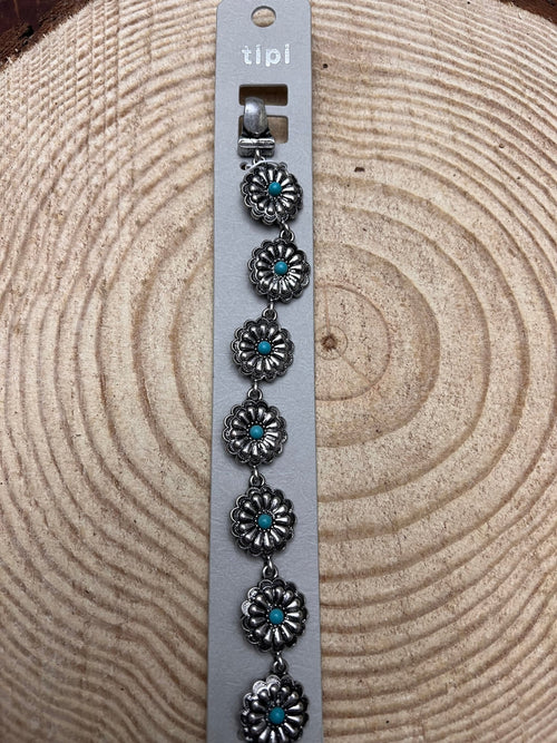 Western Concho and Faux Turquoise Magnetic Bracelet - Cowhide and Conchos