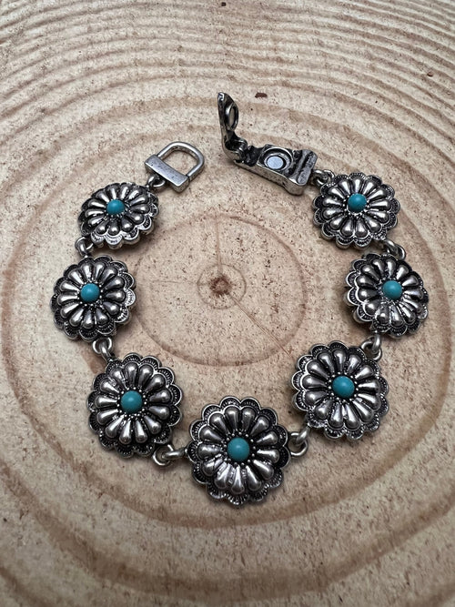 Western Concho and Faux Turquoise Magnetic Bracelet - Cowhide and Conchos