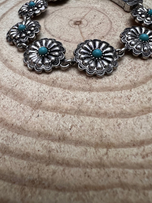 Western Concho and Faux Turquoise Magnetic Bracelet - Cowhide and Conchos