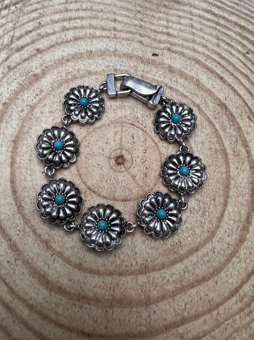 Western Concho and Faux Turquoise Magnetic Bracelet - Cowhide and Conchos