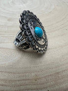Western Concho and Faux Turquoise Stretch Ring - Statement Size - Cowhide and Conchos
