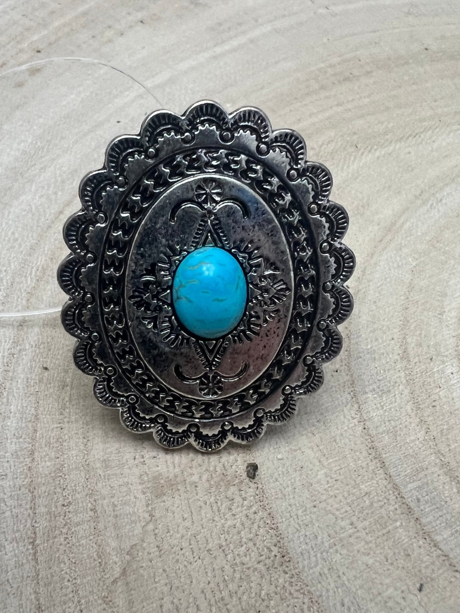 Western Concho and Faux Turquoise Stretch Ring - Statement Size - Cowhide and Conchos