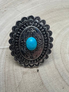Western Concho and Faux Turquoise Stretch Ring - Statement Size - Cowhide and Conchos