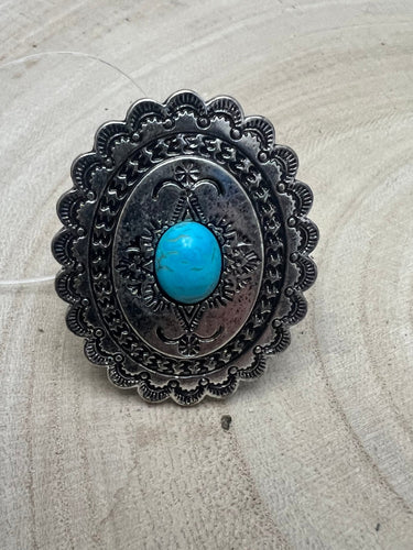 Western Concho and Faux Turquoise Stretch Ring - Statement Size - Cowhide and Conchos
