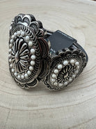 Western Concho and White Stone Faux Wide Statement Stretch Bracelet - Cowhide and Conchos