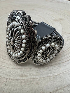 Western Concho and White Stone Faux Wide Statement Stretch Bracelet - Cowhide and Conchos