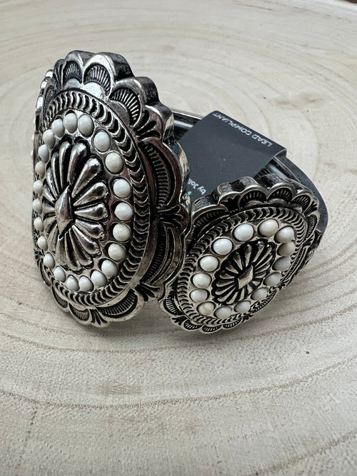 Western Concho and White Stone Faux Wide Statement Stretch Bracelet - Cowhide and Conchos