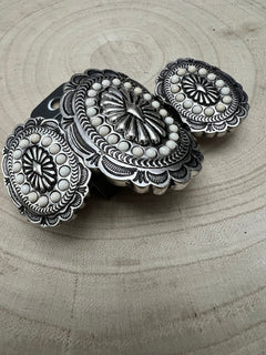 Western Concho and White Stone Faux Wide Statement Stretch Bracelet - Cowhide and Conchos