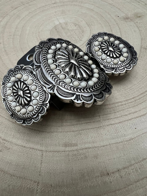 Western Concho and White Stone Faux Wide Statement Stretch Bracelet - Cowhide and Conchos