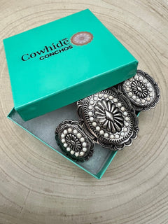 Western Concho and White Stone Faux Wide Statement Stretch Bracelet - Cowhide and Conchos