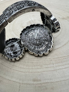 Western Concho and White Stone Faux Wide Statement Stretch Bracelet - Cowhide and Conchos