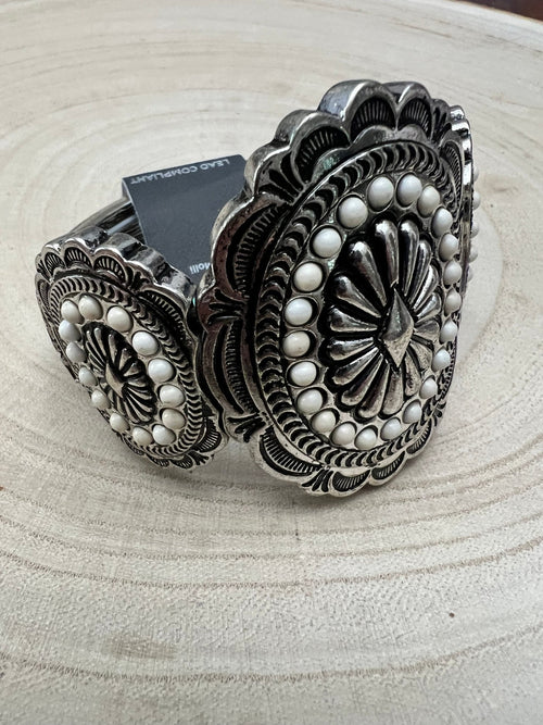 Western Concho and White Stone Faux Wide Statement Stretch Bracelet - Cowhide and Conchos