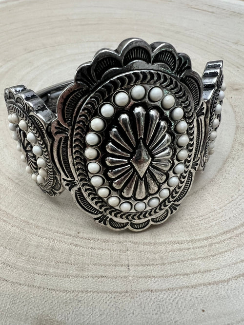 Western Concho and White Stone Faux Wide Statement Stretch Bracelet - Cowhide and Conchos