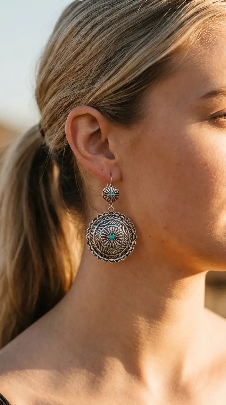Western Concho Dangle Earrings with Faux Turquoise — 2½" Drop - Cowhide and Conchos