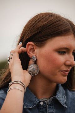 Western Concho Dangle Earrings with Faux Turquoise - Cowhide and Conchos
