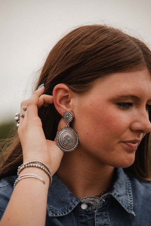 Western Concho Dangle Earrings with Faux Turquoise - Cowhide and Conchos