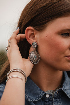 Western Concho Dangle Earrings with Faux Turquoise - Cowhide and Conchos