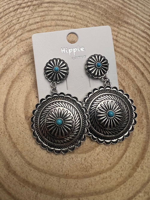 Western Concho Dangle Earrings with Faux Turquoise - Cowhide and Conchos