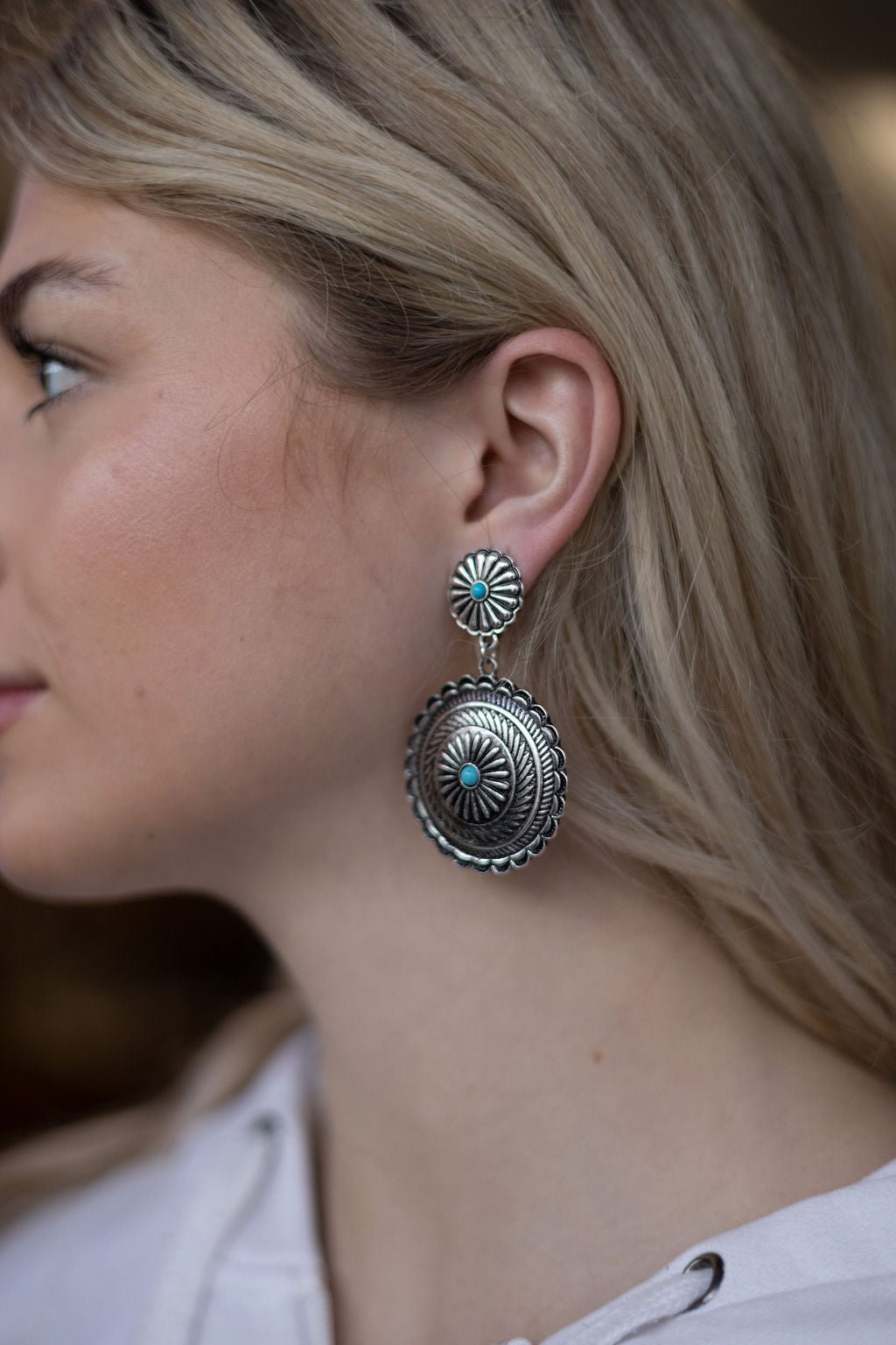 Western Concho Dangle Earrings with Faux Turquoise - Cowhide and Conchos