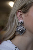 Western Concho Dangle Earrings with multi color stones - 2 1/2 inch drop - Cowhide and Conchos