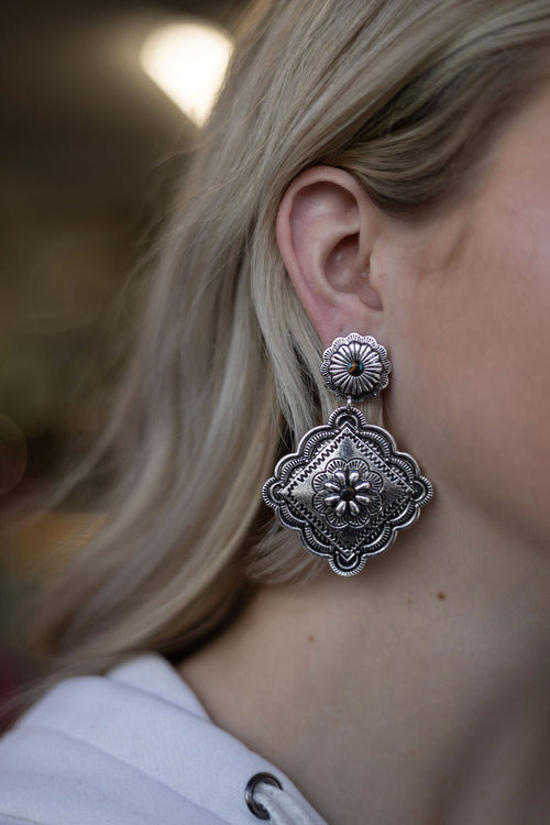 Western Concho Dangle Earrings with multi color stones - 2 1/2 inch drop - Cowhide and Conchos