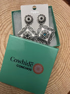 Western Concho Dangle Earrings with multi color stones - 2 1/2 inch drop - Cowhide and Conchos