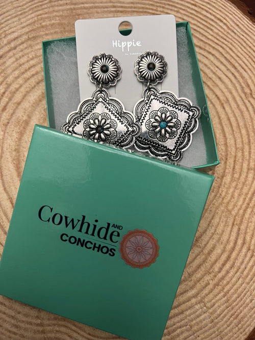 Western Concho Dangle Earrings with multi color stones - 2 1/2 inch drop - Cowhide and Conchos