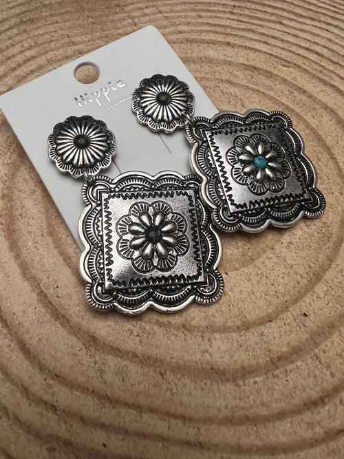 Western Concho Dangle Earrings with multi color stones - 2 1/2 inch drop - Cowhide and Conchos