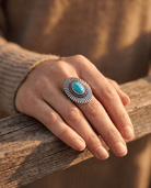 Western Concho & Faux Turquoise Adjustable Statement Ring — 1.5" Bold Western Hand Statement - Cowhide and Conchos